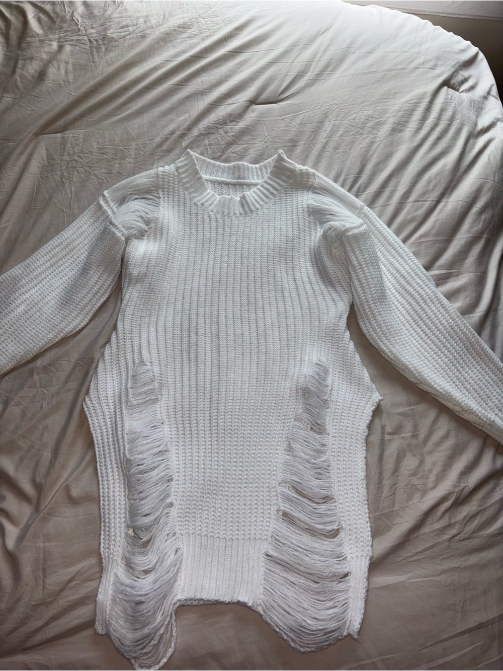White Distressed Knit Sweater